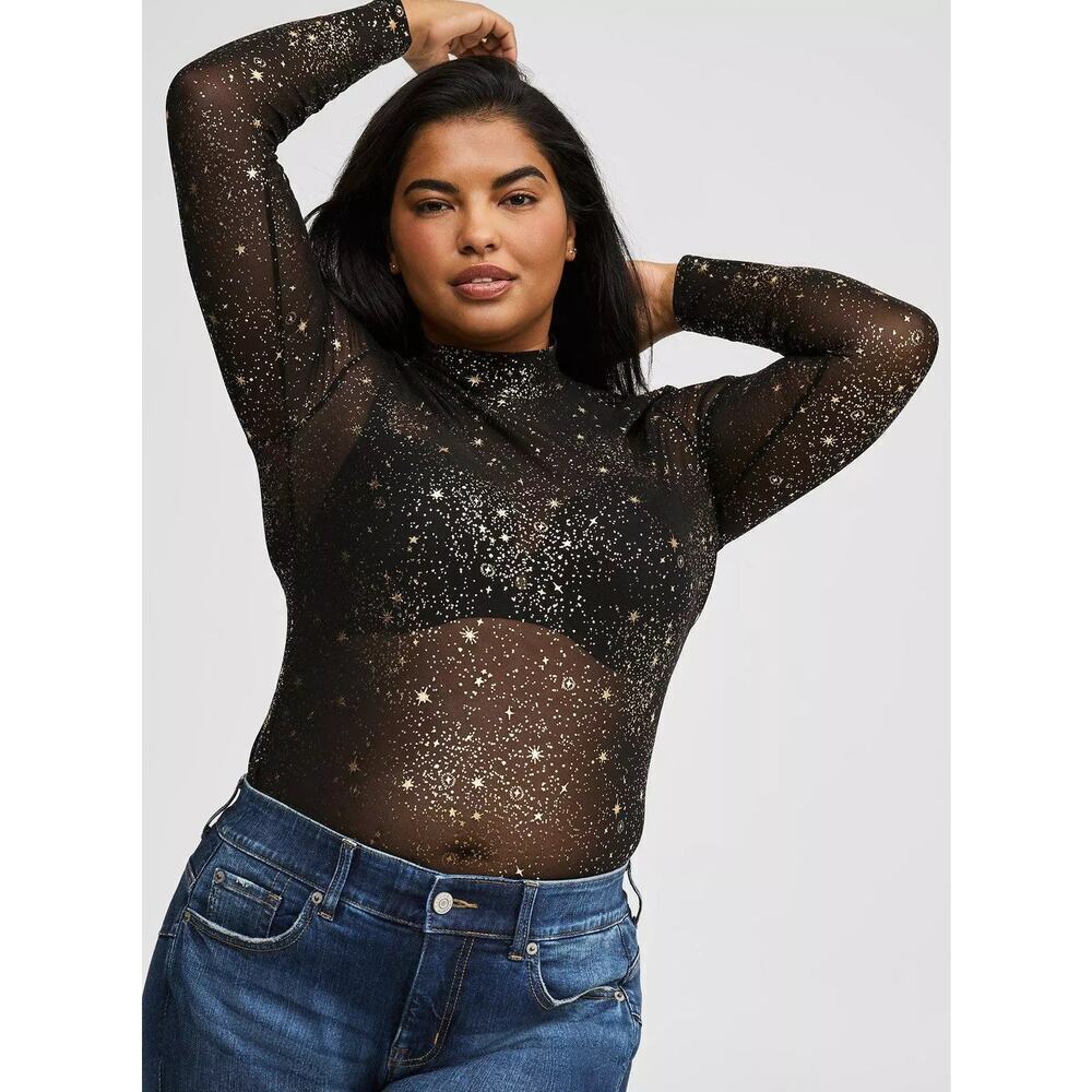Torrid Mesh Mock Neck Long Sleeve top sz 4 Constance Celestial Gold Evening NWT